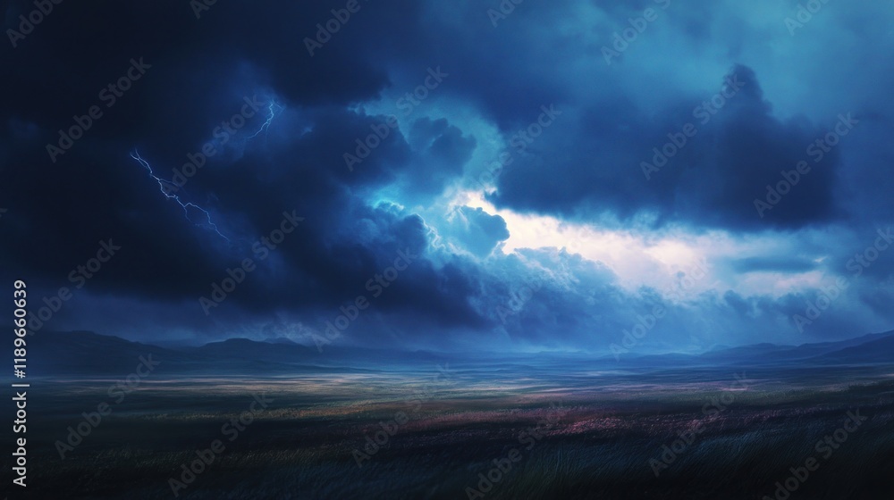Fototapeta premium Dramatic stormy landscape with lightning striking dark clouds over a flat field.