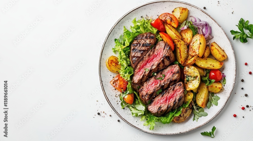 Top view of delicious grilled beef steak and rustic potatoes wedges with vegetable salad served on plate on white background Top view of delicious grilled beef steak and rustic potatoes wedges with vegetable salad served on plate on white background
