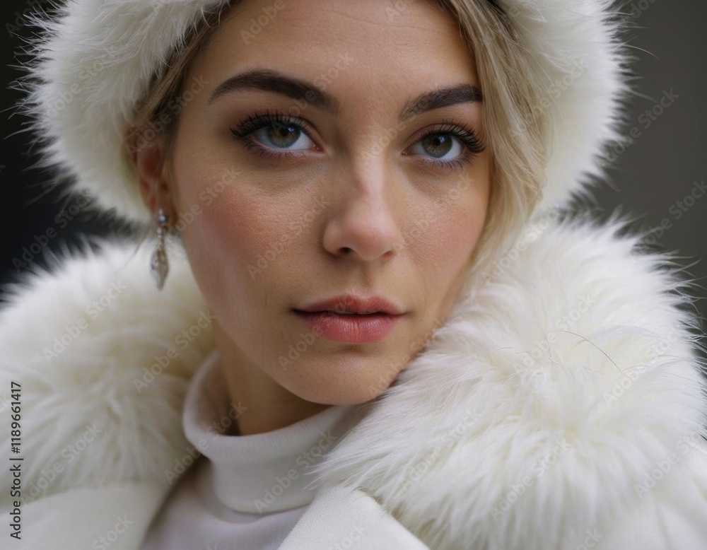 Person wearing a white furry hood and white turtleneck. Person wearing a white furry hood and white turtleneck.
