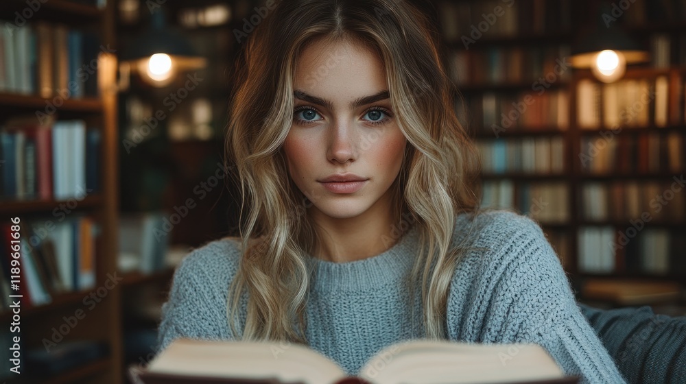 Young woman with blonde hair sits in library, reading a book. Young woman with blonde hair sits in library, reading a book.