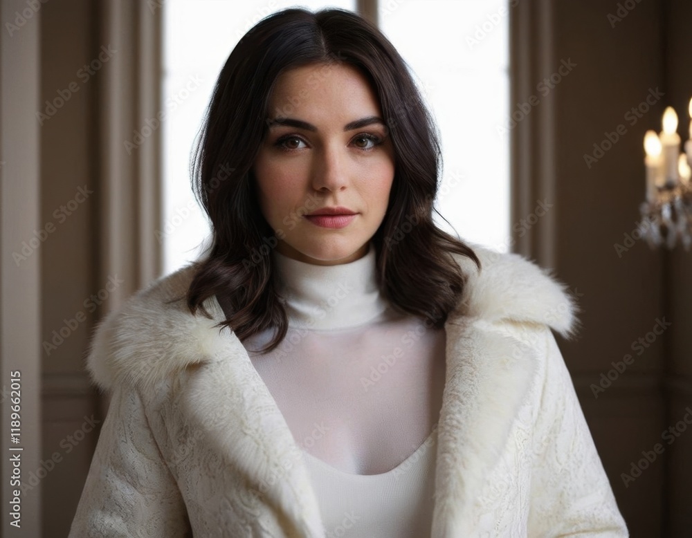 Woman in white fur coat, standing in an elegant room. Woman in white fur coat, standing in an elegant room.