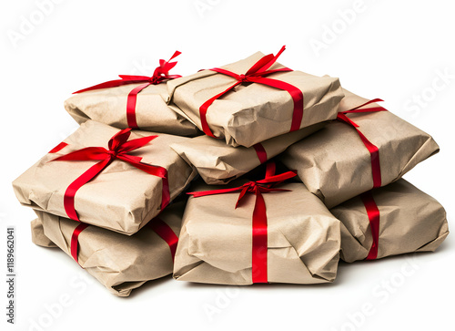 Pile of Presents Wrapped in Kraft Paper with Red Ribbons photo