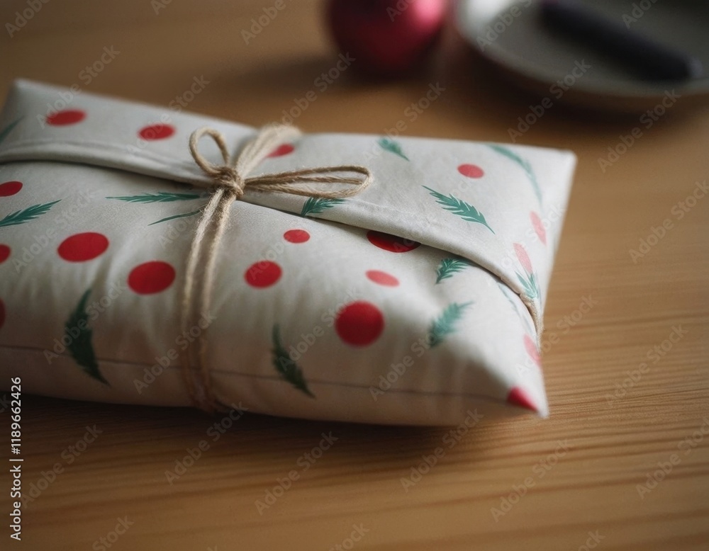 A wrapped gift with polka dot paper and twine on a wooden table. A wrapped gift with polka dot paper and twine on a wooden table.