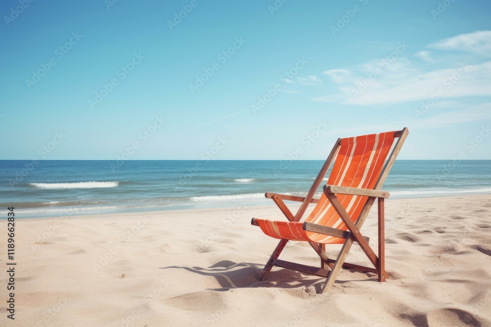 Relaxing beach chair sits on a sandy beach with the ocean waves gently lapping in the background Relaxing beach chair sits on a sandy beach with the ocean waves gently lapping in the background