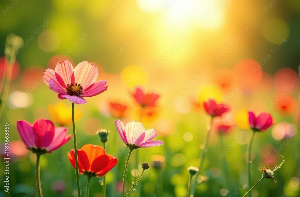 Colorful flower meadow with sunbeams and bokeh lights in summer - nature background banner with copy space - summer greeting card wildflowers spring concept Colorful flower meadow with sunbeams and bokeh lights in summer - nature background banner with copy space - summer greeting card wildflowers spring concept