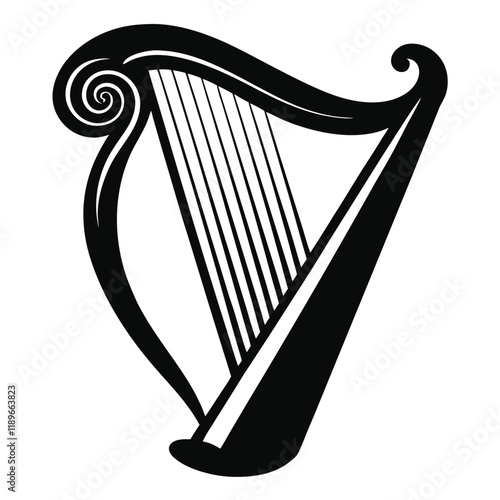 Irish Harp Silhouette Icon, St. Patrick’s Day Symbol, Irish Festival Silhouette, Musical Instrument Clipart, Celtic Harp Icon, Isolated Vector, Flat Design, Holiday Decoration Graphic