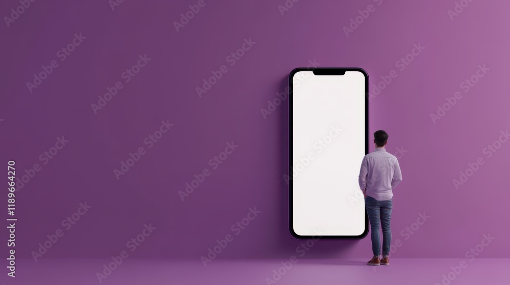 Scrolling mobile screen. Photo and 3d illustration of man standing next to huge 3d model of smartphone with empty white screen isolated on lilac background. Mockup for ad, text, design, logo Scrolling mobile screen. Photo and 3d illustration of man standing next to huge 3d model of smartphone with empty white screen isolated on lilac background. Mockup for ad, text, design, logo
