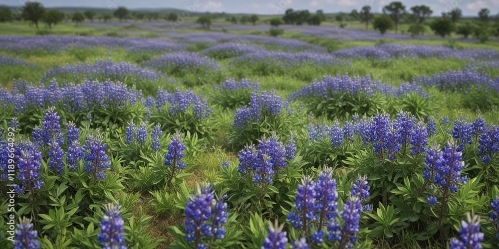Fototapeta premium Bluebonnet field with vibrant purple flowers and green foliage, texas, field
