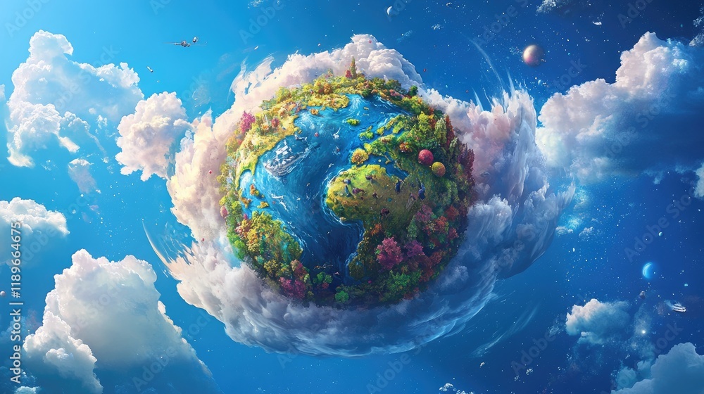 Fototapeta premium A whimsical, colorful depiction of Earth surrounded by clouds and planets, emphasizing nature.
