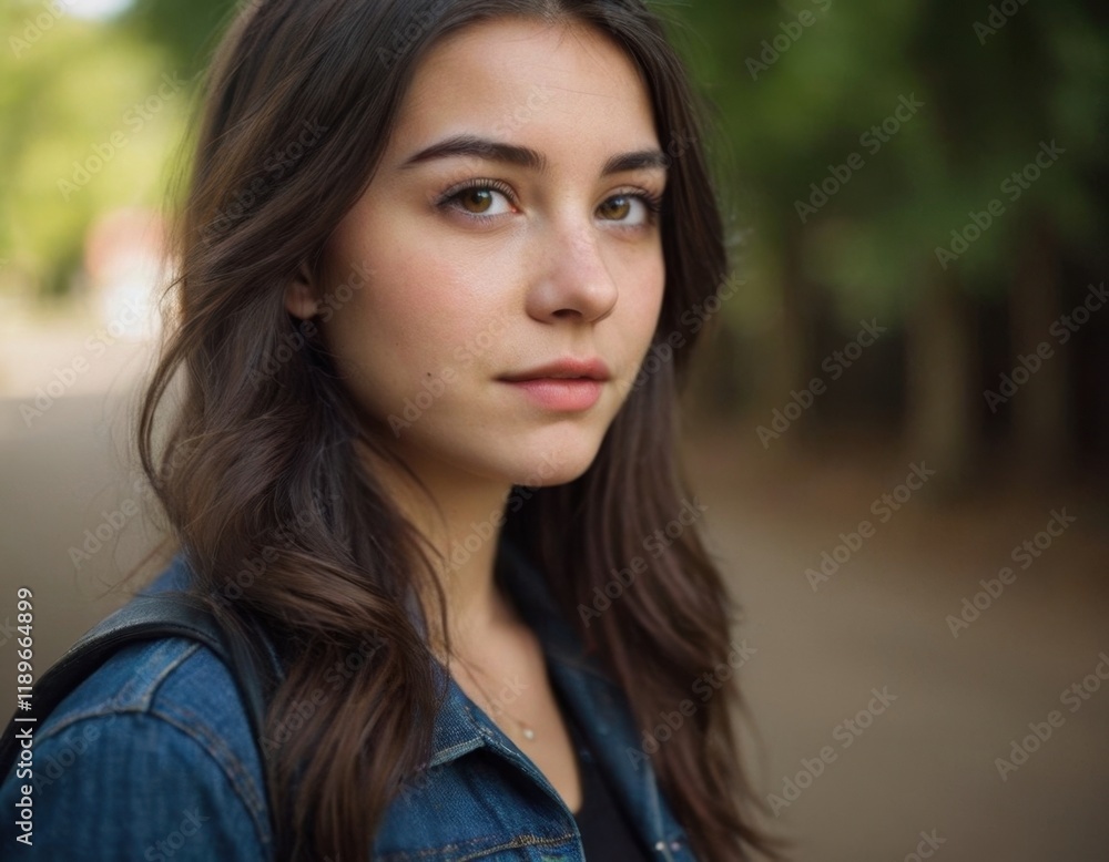 a young woman with long, dark brown hair and fair skin. She has a calm and thoughtful expression on her face. She is wearing a denim jacket over a dark top