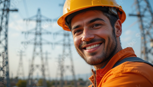 Smiling electrical engineer standing near high voltage power tower on a sunny day. Electricians Day photo