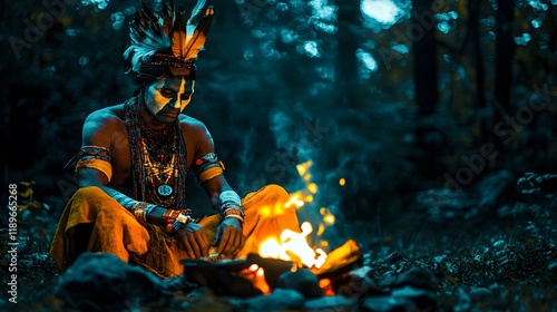 Native man sits by campfire in enchanted forest.  Possible use  stock photo for fantasy, adventure, or cultural themes photo