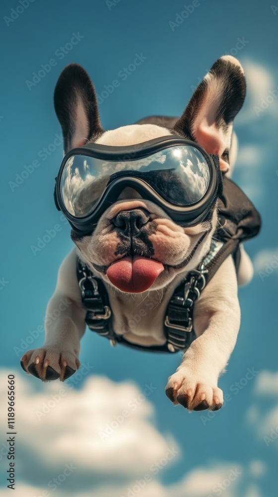 A French bulldog puppy wearing goggles and a harness, seemingly flying against a blue sky with fluffy clouds A French bulldog puppy wearing goggles and a harness, seemingly flying against a blue sky with fluffy clouds