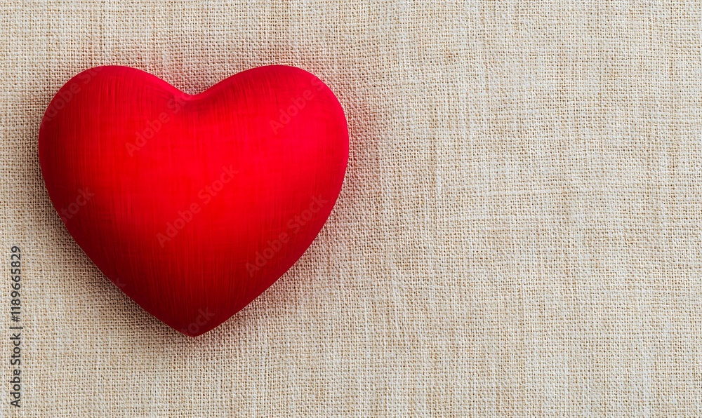 Red heart on beige fabric background. Red heart on beige fabric background.