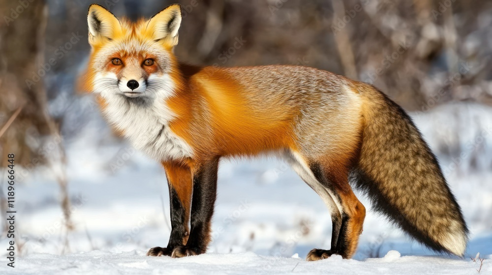 Obraz premium Red fox standing in snowy winter forest. (1)
