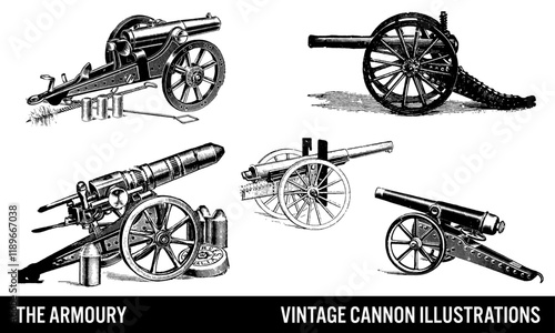 Collection of Canon Engraving Style Vector Illustrations on White Background 