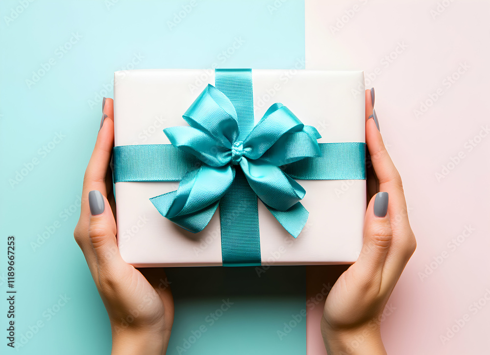 Elegant Gift Box with Teal Ribbon on Pastel Background Elegant Gift Box with Teal Ribbon on Pastel Background