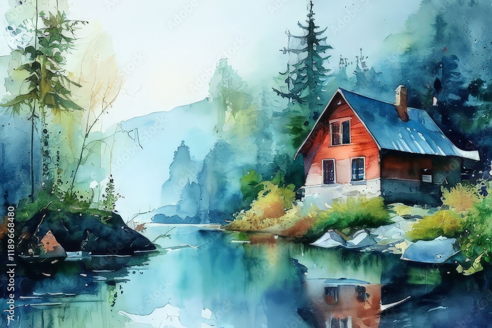 Fototapeta premium autumn painting of a lake, forest, fall season, autumn, fall, trees, leaves, color drawing oil painting,autumn painting,
