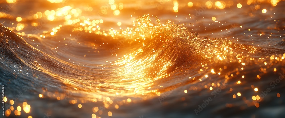 Naklejka premium Golden sunset light illuminating ocean wave.