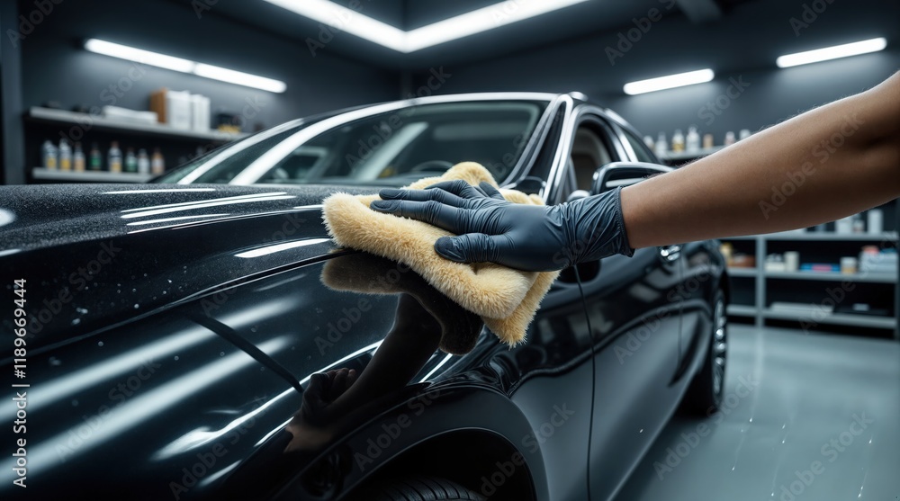 Obraz premium Professionelle Autoaufbereitung in einem Fachbetrieb: Nahaufnahme der Reinigung und Lackaufbereitung von einem Auto mit glänzender, schwarzer Lackierung 