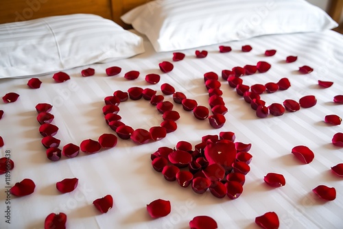 Red rose petals artfully arranged on a bed in a hotel room spell out LOVE, creating a romantic and intimate setting. A heart shape is also formed. photo