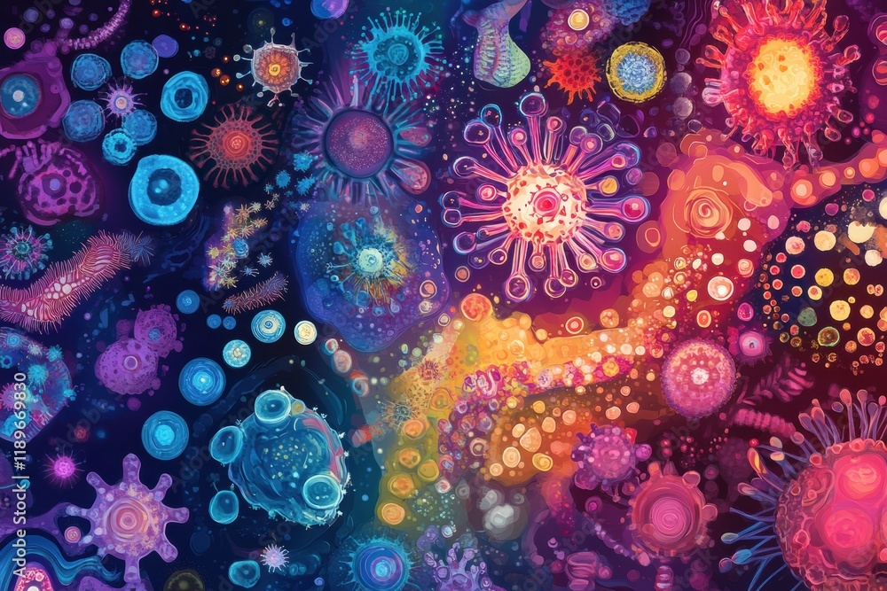 Colorful illustration of diverse microscopic microbes with unique shapes and textures in a vibrant, abstract setting. Generative AI