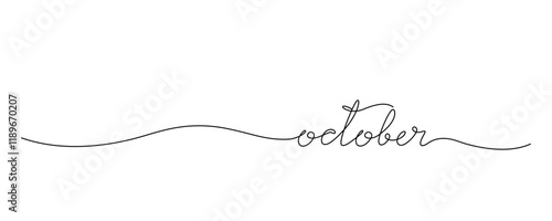Lettering October drawn with continuous line in minimalism, abstract style, handwritten inscription, calendar, name of month, autumn, planner, word, letters, one line, editable vector contour