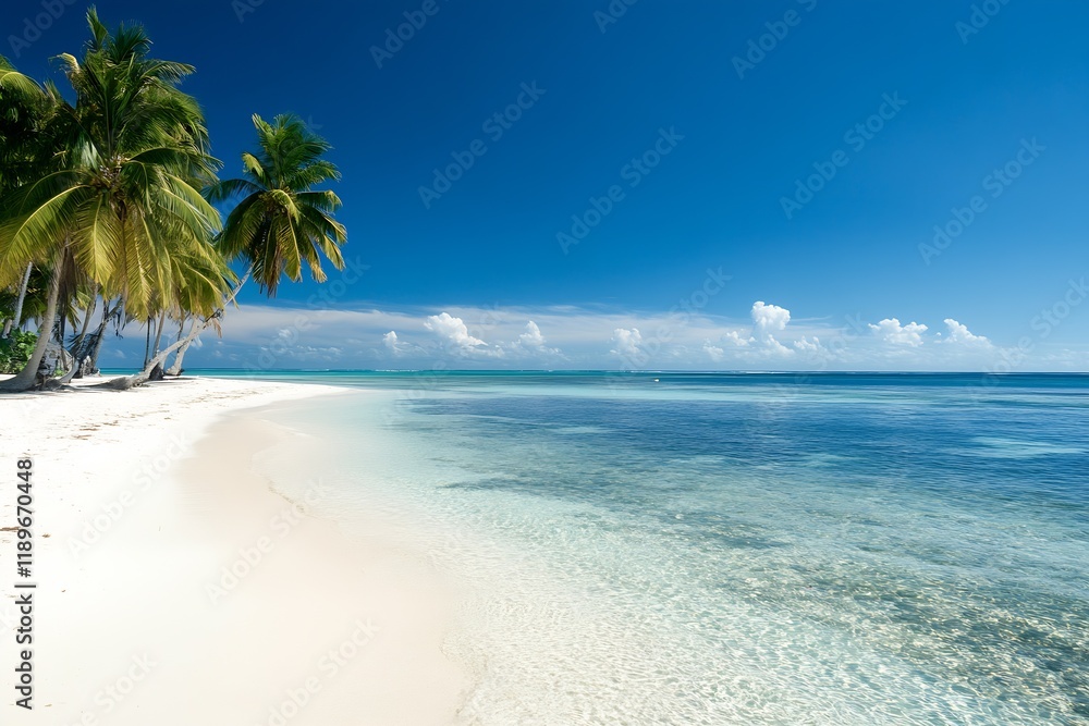 Fototapeta premium Tropical Paradise Beach with Clear Blue Water and Palm Trees Under Sunny Sky : Generative AI
