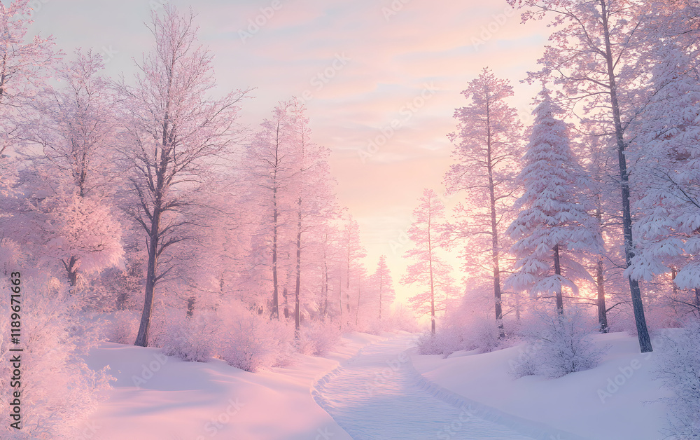 Fototapeta premium Pink Winter Wonderland: Enchanting Snow-Covered Forest Path at Sunrise