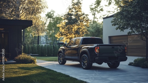 Black pickup truck parked in a driveway of a modern house.