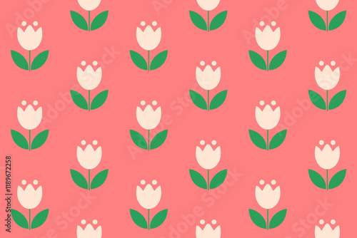 Floral seamless repeating checkerboard pattern with graphic simple white tulip flower on pink background in retro style of 60s, 70s, 80s. Ornament for wrapping paper, fabric for cute baby clothes.