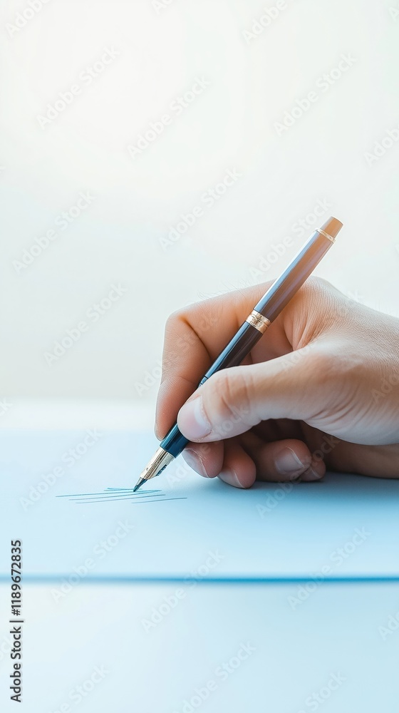 Person writes on light blue document with fountain pen. Closeup view of hand, pen. Creative work in progress. Focused work on writing project. Potential uses for photo include education, creativity, Person writes on light blue document with fountain pen. Closeup view of hand, pen. Creative work in progress. Focused work on writing project. Potential uses for photo include education, creativity,