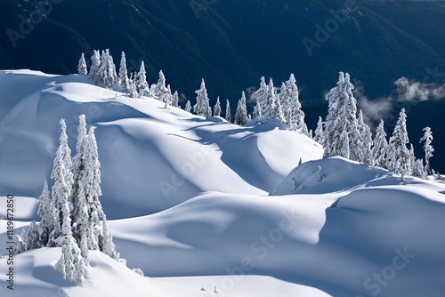 Fresh snow covered mountains and trees in ski resort Mt Seymour. North Vancouver. BC. Canada