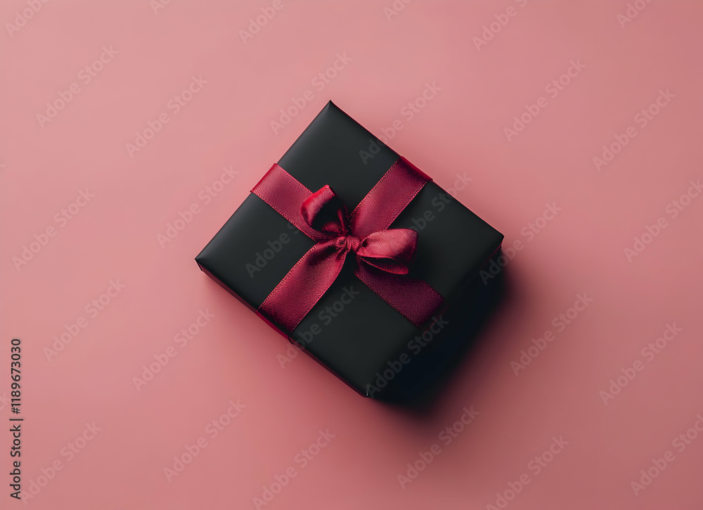 Elegant Black Gift Box with Burgundy Bow on Pink Background Elegant Black Gift Box with Burgundy Bow on Pink Background