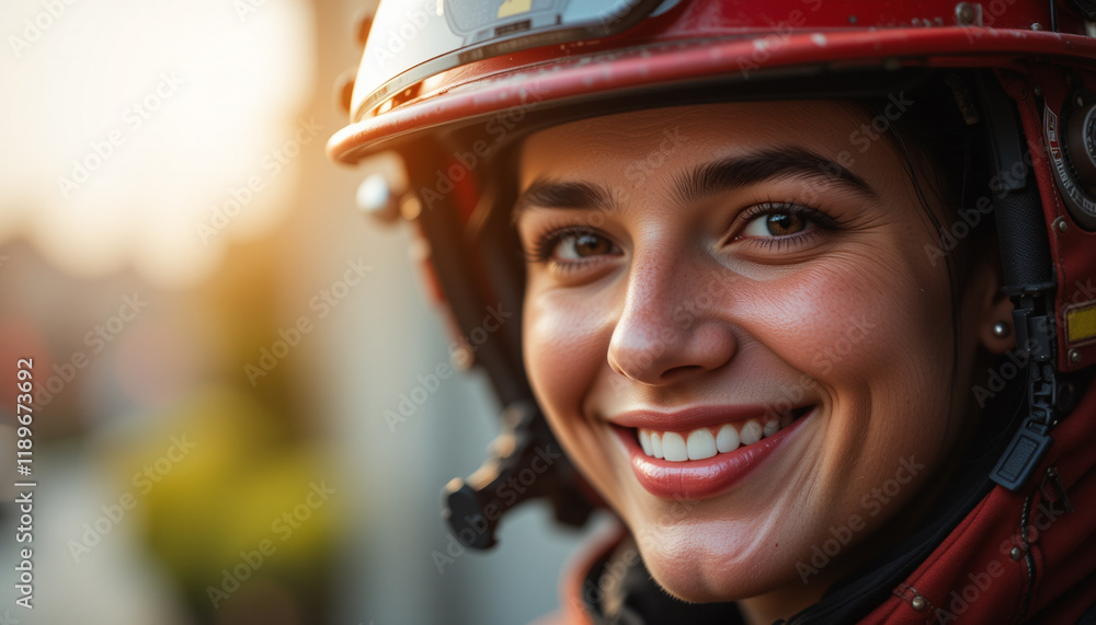 Young firefighter smiling in uniform, proud of the life-saving service they provide. Young firefighter smiling in uniform, proud of the life-saving service they provide.