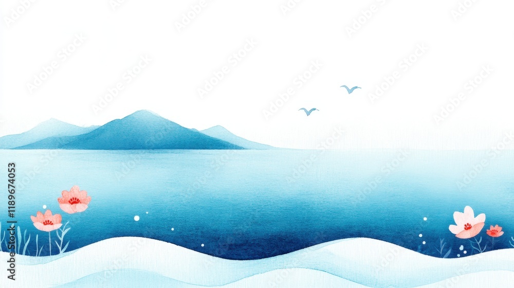 A serene watercolor landscape featuring mountains, a calm sea, and delicate flowers, evoking tranquility and nature's beauty. A serene watercolor landscape featuring mountains, a calm sea, and delicate flowers, evoking tranquility and nature's beauty.