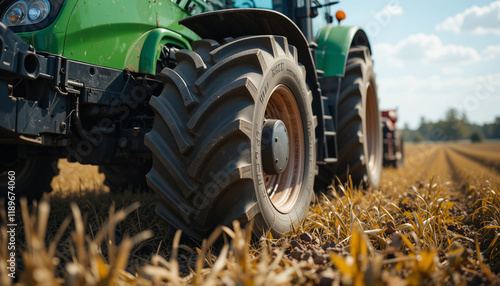 Tractor working in a large plantation field under a clear sky for agricultural production. Agro photo