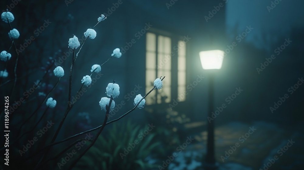 Fototapeta premium Snowy Night Scene Winter Flowers Near Lamp