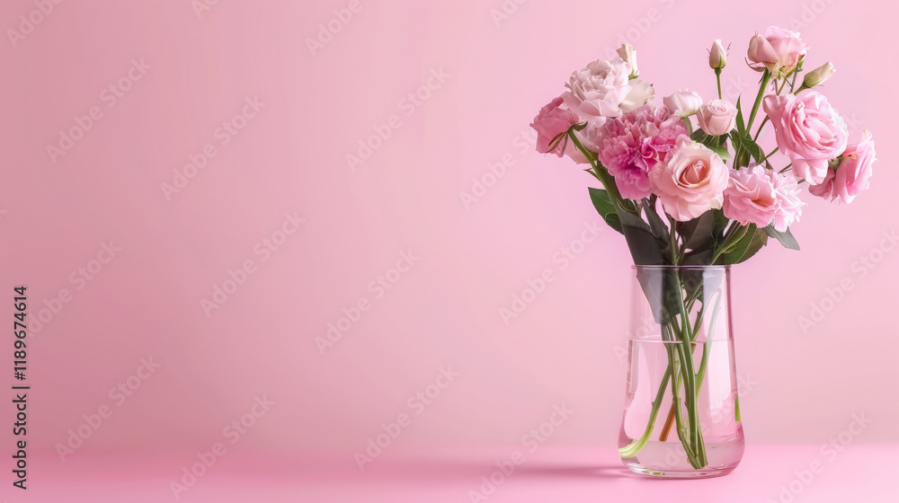 Obraz premium Elegant pink peony and cream rose bouquet in glass vase on pink background