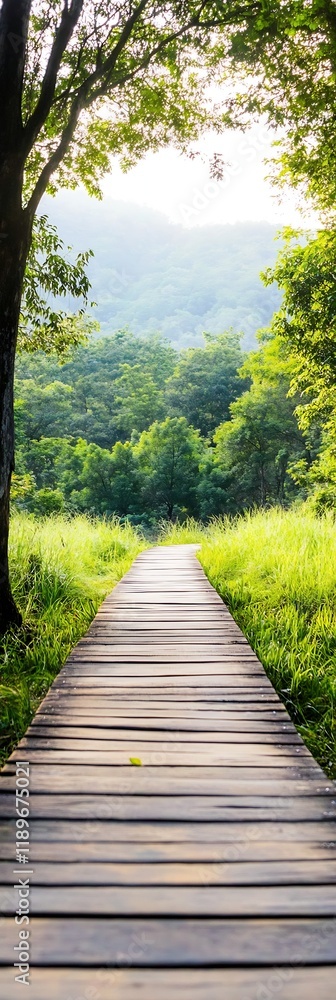 Tranquil Wooden Pathway Leading Through Lush Green Forest Under Soft Sunlight : Generative AI