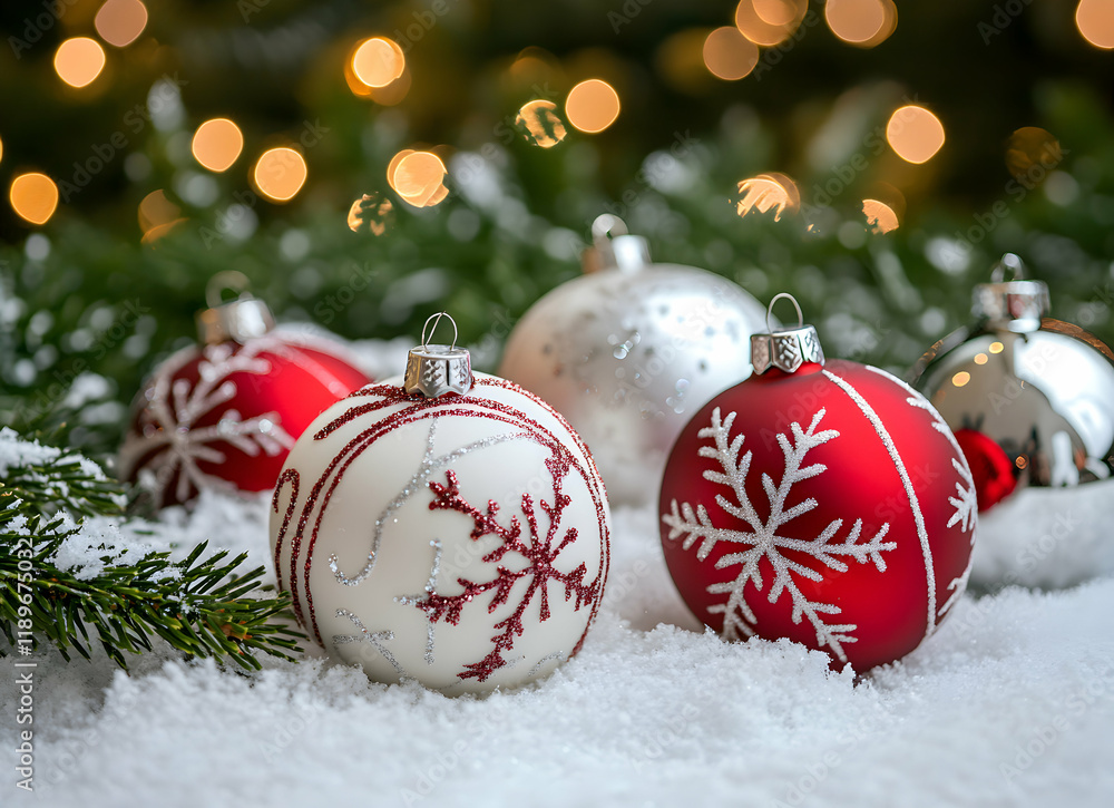 Christmas Ornaments in Snowy Scene: Festive Red and White Baubles Nestled in Winter Wonderland Christmas Ornaments in Snowy Scene: Festive Red and White Baubles Nestled in Winter Wonderland