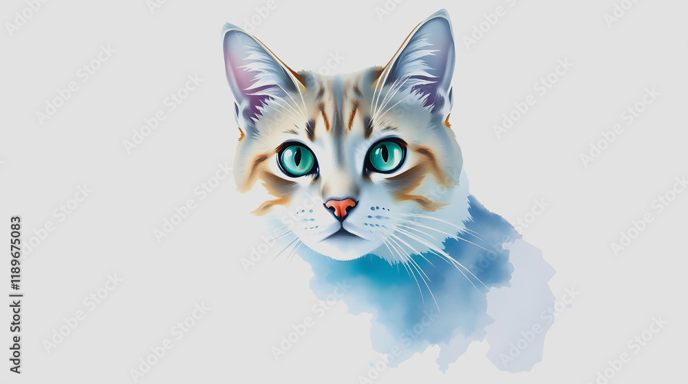 Fototapeta premium Watercolor portrait of a cat with blue eyes on a white background