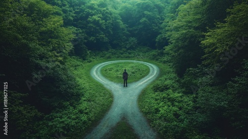 Person stands at crossroads in rich forest. Green scenery surrounds path. Nature provides serene backdrop for decision. Calmness, hope permeate atmosphere. Adventure, change potential evident. photo