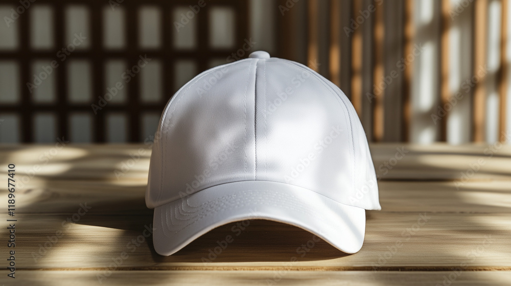 White children's cap mockup on a wooden surface with soft shadows White children's cap mockup on a wooden surface with soft shadows