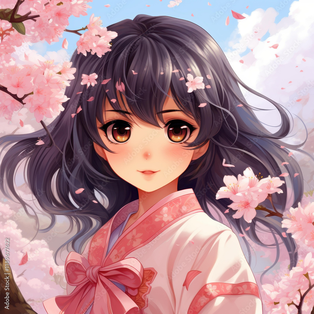 A whimsical blackhaired anime girl gazes in awe at the delicate cherry blossoms surrounding her. A whimsical blackhaired anime girl gazes in awe at the delicate cherry blossoms surrounding her.