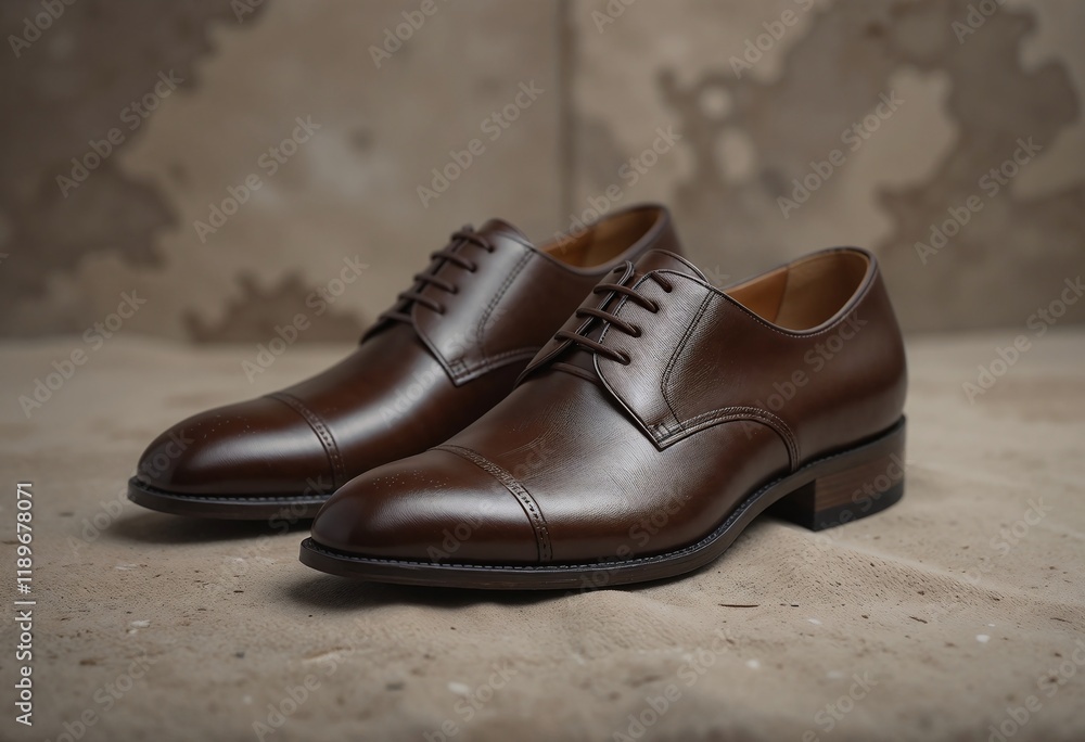 Elegant pair of brown leather dress shoes on a textured background, showcasing craftsmanship and style. Elegant pair of brown leather dress shoes on a textured background, showcasing craftsmanship and style.