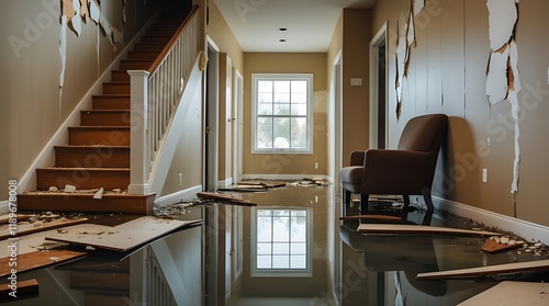 A flooded and damaged interior hallway of a house with water pooling on the floor, broken drywall, and scattered debris, reflecting the aftermath of a disaster or severe water damage.

