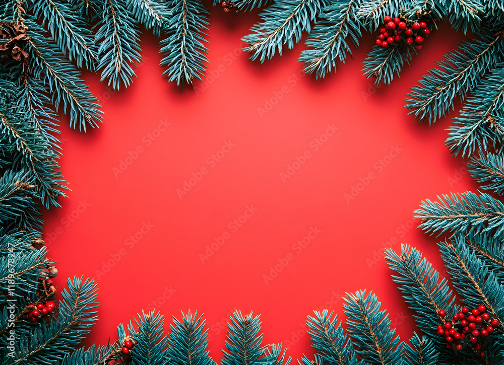 Festive Christmas Frame: Red Background with Green Pine Branches and Red Berries Festive Christmas Frame: Red Background with Green Pine Branches and Red Berries