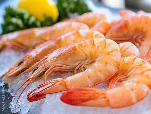 Fresh Juicy Shrimp on Ice with Lemon for Perfect Seafood Culinary Delight : Generative AI photo