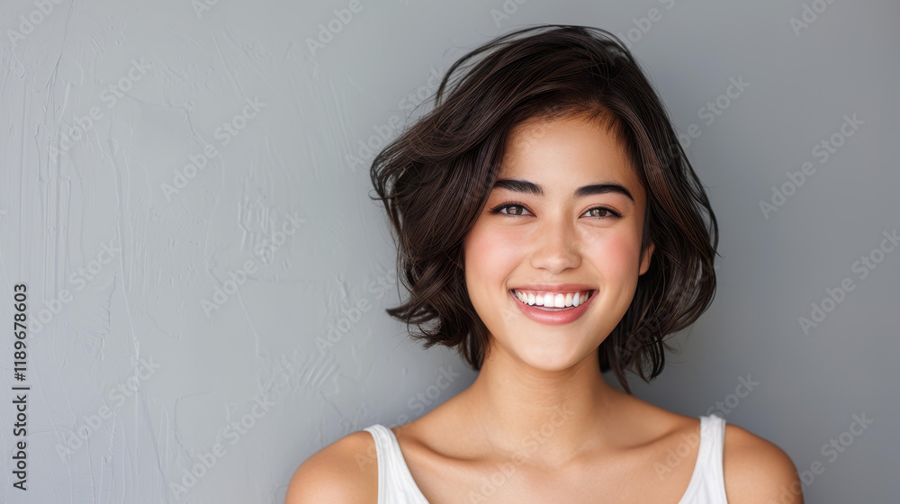 Vibrant portrait of a cheerful Asian woman with short dark hair, exuding joy against a sleek gray backdrop. Vibrant portrait of a cheerful Asian woman with short dark hair, exuding joy against a sleek gray backdrop.